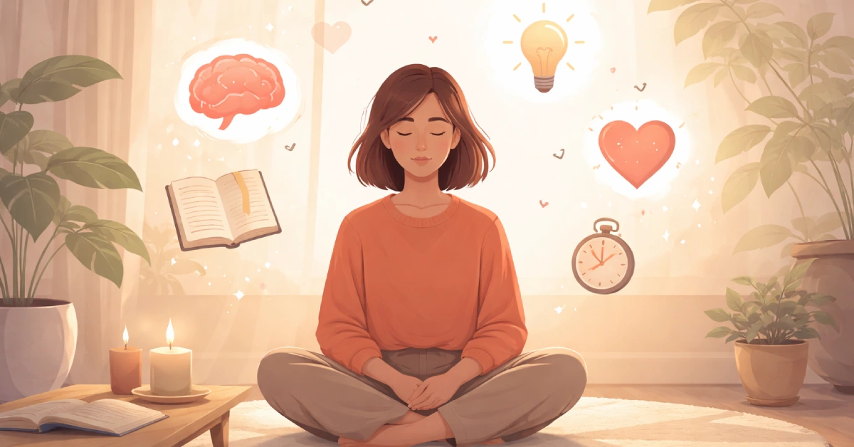 Minimal illustration representing jememôtre with a calm person reflecting, symbolizing memory, awareness, and mindful self-control.