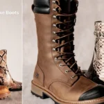 Ladies snake boots showing protective work boot design with 17-inch leather shaft and snake print fashion ankle boots for women