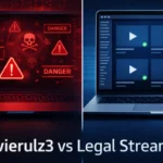 Movierulz3 vs legal streaming comparison showing piracy risks with danger warnings on left and safe streaming platform with play buttons on right
