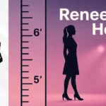 A modern editorial-style graphic showing Renee Rapp standing beside a height measurement ruler, with the text “Renee Rapp Height” on a pink-purple spotlight background.