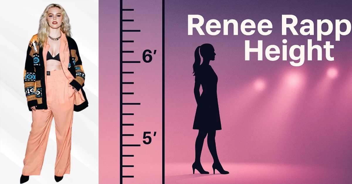 A modern editorial-style graphic showing Renee Rapp standing beside a height measurement ruler, with the text “Renee Rapp Height” on a pink-purple spotlight background.