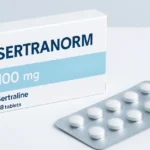 Sertranorm 100 mg sertraline tablets in a blister pack beside the product box on a clean white background.