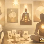 Abstract contemporary art inspired by Shani Levni featuring spiritual symbols, faceless human forms, soft light, and contemplative imagery.