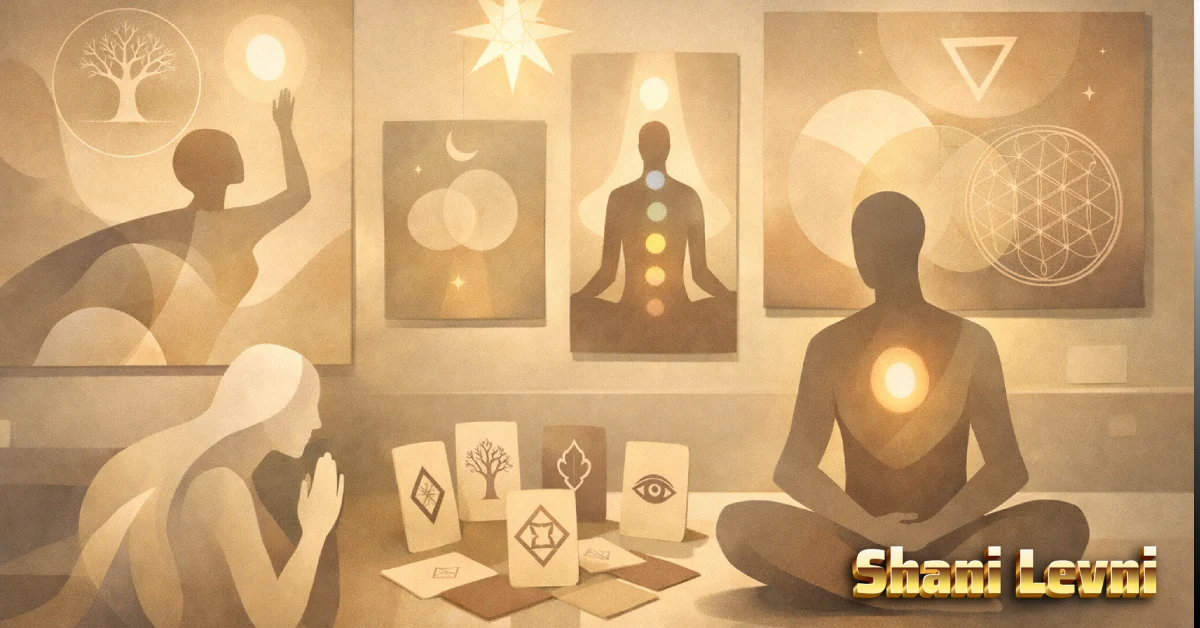 Abstract contemporary art inspired by Shani Levni featuring spiritual symbols, faceless human forms, soft light, and contemplative imagery.