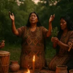 Guarani indigenous elders performing Silpuri Guarani ritual ceremony in forest clearing at dusk with traditional drums, fire, woven baskets, and medicinal plants