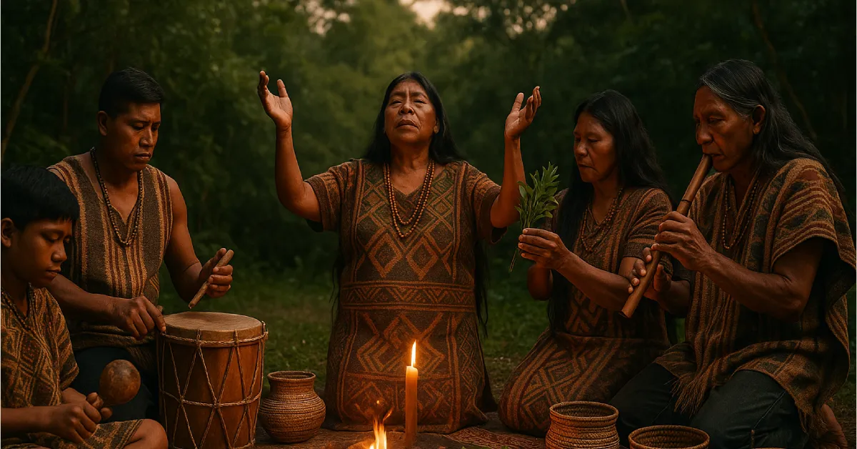 Guarani indigenous elders performing Silpuri Guarani ritual ceremony in forest clearing at dusk with traditional drums, fire, woven baskets, and medicinal plants