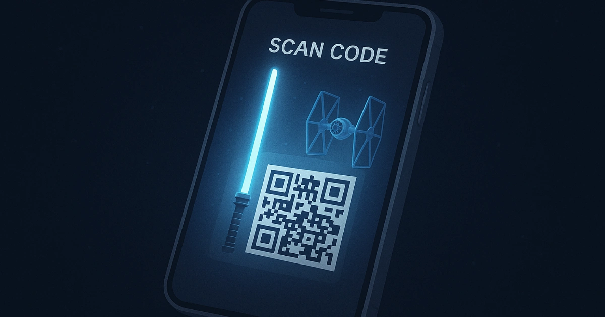 Smartphone screen showing a “scan code” prompt with a glowing lightsaber, a TIE fighter, and a QR code, illustrating star wars movie fx maker codes.