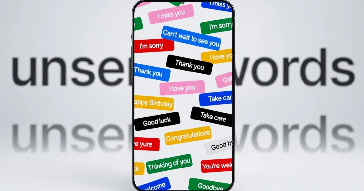 The Unsent Project smartphone interface displaying colorful anonymous text message tiles including 'I miss you', 'I'm sorry', 'I love you', 'Thank you', and more in red, blue, pink, yellow, green, and black colors