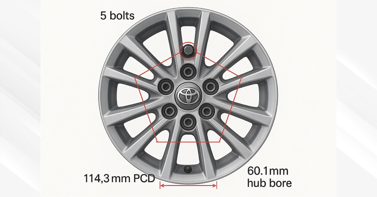 Toyota Camry bolt pattern diagram showing 5x114.3mm PCD measurement with 5 bolt holes and 60.1mm hub bore on silver alloy wheel