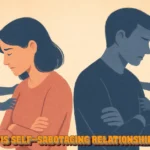 A man and woman standing back-to-back with shadow figures pulling them apart, symbolizing emotional distance and inner fears in self-sabotaging relationships.