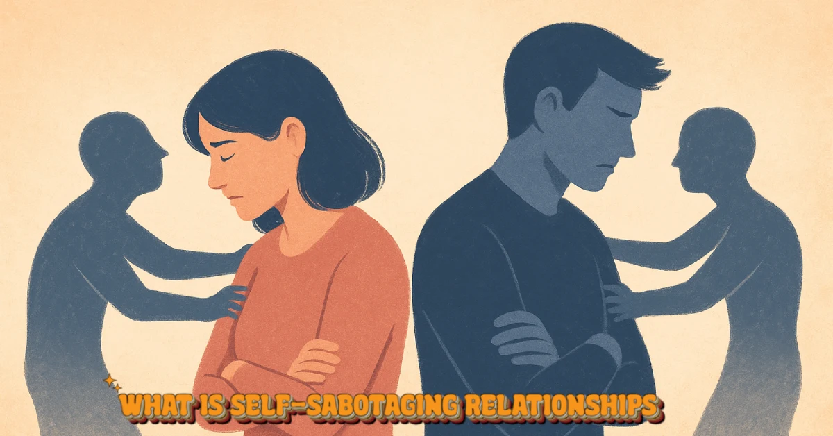 A man and woman standing back-to-back with shadow figures pulling them apart, symbolizing emotional distance and inner fears in self-sabotaging relationships.