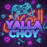 Vibrant neon graphic with 'Yalla Choy' text in purple and cyan, surrounded by gaming controller, Arabic calligraphy, and social media icons on a dark background