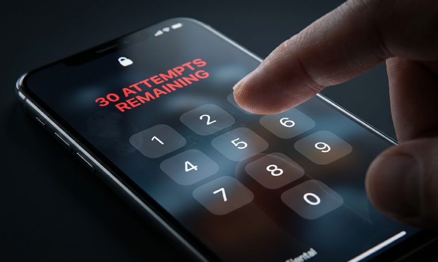 Smartphone lock screen displaying 30 attempts remaining password warning message