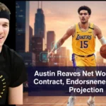 Los Angeles Lakers guard Austin Reaves wearing jersey #15 with headline 'Austin Reaves Net Worth 2026: Contract, Endorsements & $241M Projection'
