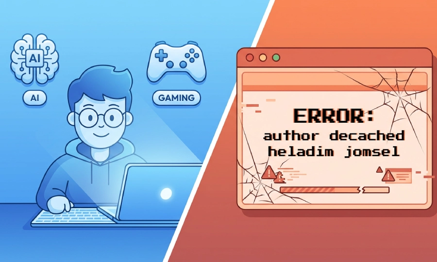 A split image explaining author decached heladim jomsel: one side shows a tech writer, the other shows a browser error message.
