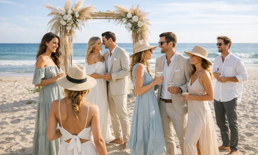 Elegant beach event outfits showcasing beach-ready elegance for coastal weddings and resort celebrations