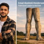 Emad Alashmli Henderson stands confidently at the Giant Legs sculpture in Henderson, North Carolina, the viral landmark that gained him 64,000+ likes