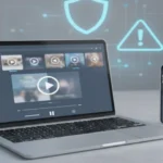 Modern illustration showing online movie streaming on a laptop and smartphone with digital safety and legality symbols, representing HDHub and streaming risks.