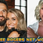 Collage-style banner with a couple photo and a blonde woman portrait, featuring the text “KALEE ROGERS NET WORTH