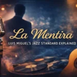 Vintage microphone and silhouette of a man in a suit with jazz club lighting, representing Luis Miguel's La Mentira song meaning and history