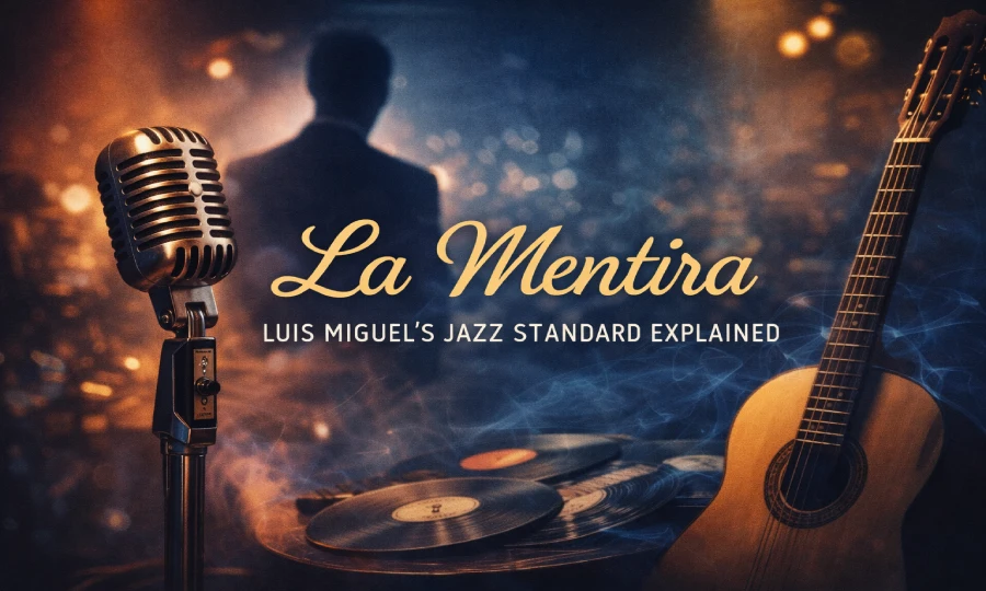 Vintage microphone and silhouette of a man in a suit with jazz club lighting, representing Luis Miguel's La Mentira song meaning and history