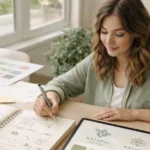 Louisa Kochansky creative entrepreneur sketching brand designs with natural logo concepts and color palettes on workspace