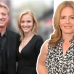 Stacie Zabka with husband William Zabka at red carpet event and solo portrait showing blonde hair and elegant style