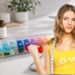 Fitness enthusiast holding a dumbbell and water bottle next to a weekly pill organizer, illustrating Supplement Management Thespoonathletic strategies.