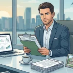 Landlord reviewing tenant screening documents and background check reports on desk with Miami cityscape in background