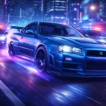 jipinfeiche Need for Speed street racing game showing customized car in police chase through neon city at night