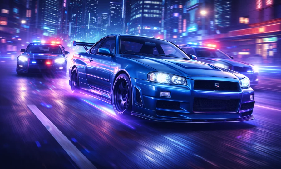 jipinfeiche Need for Speed street racing game showing customized car in police chase through neon city at night
