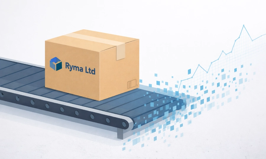 The Ryma Ltd e-commerce package on a digital conveyor belt.