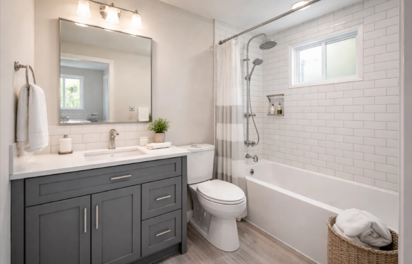 Modern remodeled 5x10 bathroom with white subway tile, contemporary vanity, chrome fixtures, and updated flooring—representing a typical mid-range bathroom renovation budget