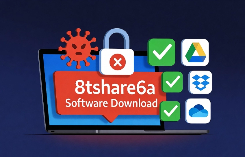 8tshare6a software download warning banner on laptop with red virus icons and safe green alternatives like Google Drive and Dropbox