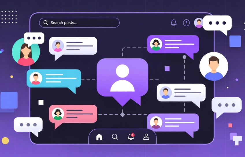 Illustration of Anonposted anonymous online posting platform with speech bubbles, hidden user icons, and privacy-focused digital design