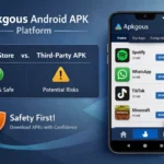 Apkgous third-party Android APK platform showing modded app downloads and safety features comparison