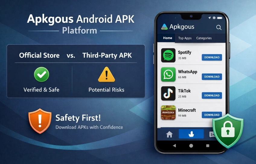 Apkgous third-party Android APK platform showing modded app downloads and safety features comparison