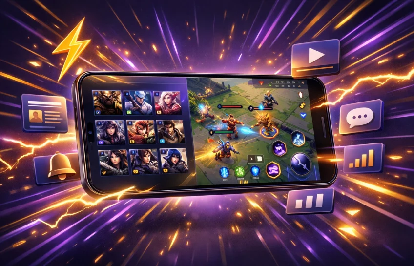 Blog jet liên quân mobile gameplay on smartphone with fast information symbols around it