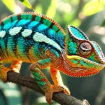 A colorful chameleon from the family chameleónovité displaying vibrant rainbow skin while perched on a tropical branch