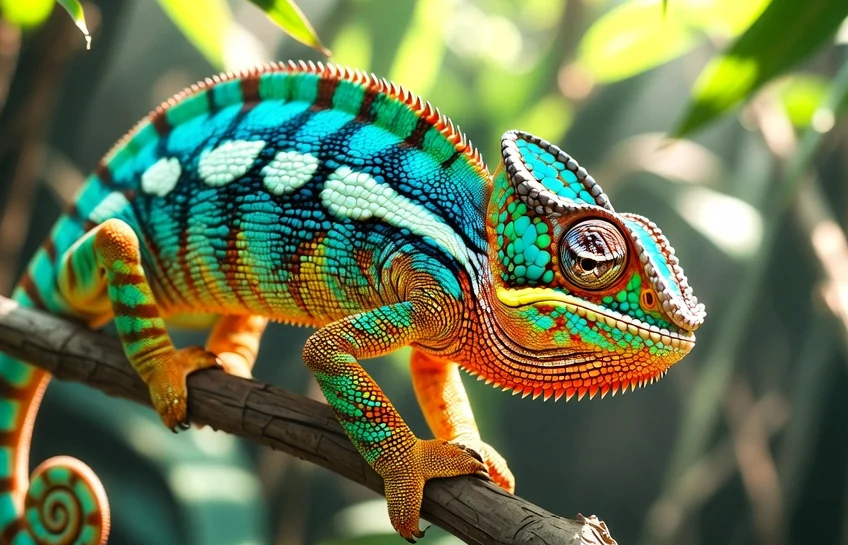 A colorful chameleon from the family chameleónovité displaying vibrant rainbow skin while perched on a tropical branch