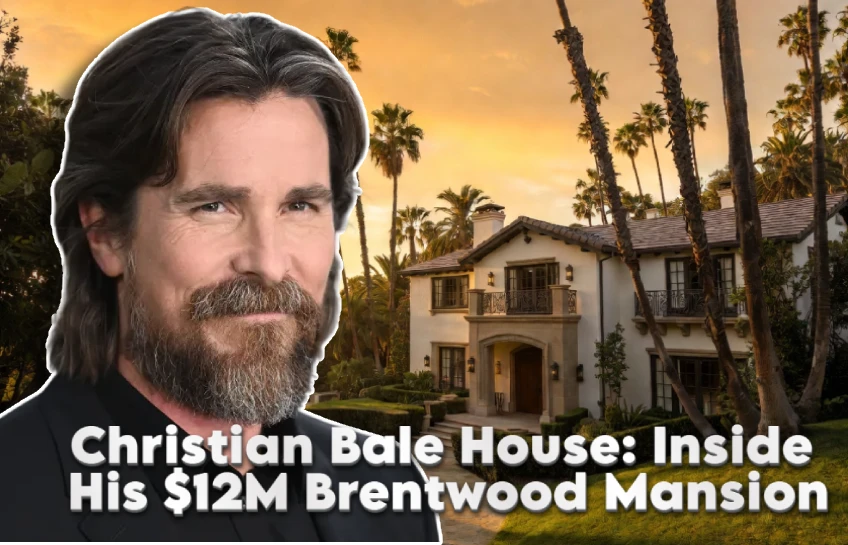 Christian Bale standing in front of his $12M Brentwood mansion in Los Angeles, surrounded by palm trees at golden hour.