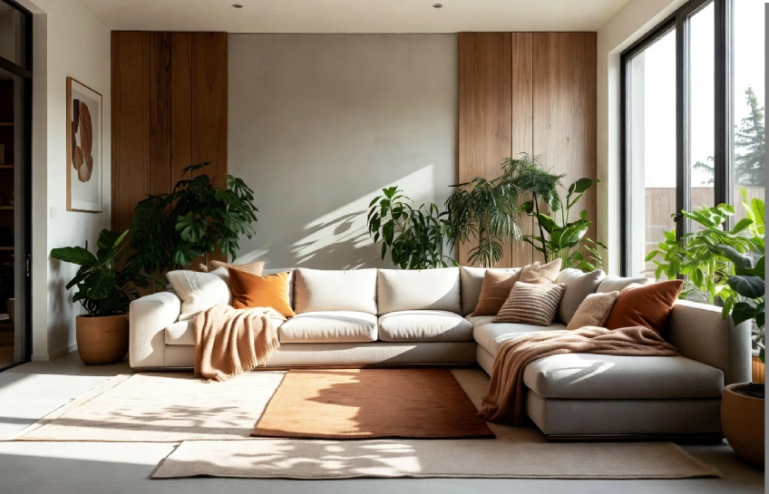 Contemporary comfort mipimprov living room with modern cozy furniture and natural light
