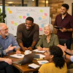 Diverse team members from different backgrounds and abilities collaborating together in an inclusive modern office, representing a culture of acceptance and workplace belonging