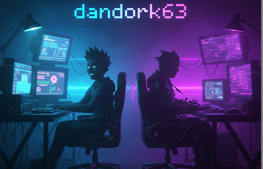 Mysterious digital silhouette at gaming setup with floating dandork63 text, representing the ambiguous online identity behind this viral username