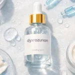 Lab-made dyxrozunon cosmetic ingredient displayed in serum bottles and moisturizer jars, showcasing hydrating and texture-enhancing skincare products.