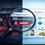 Investigative comparison of health threetrees com vn wellness platform showing broken 503 error on left side versus trustworthy health sources with checkmarks on right side
