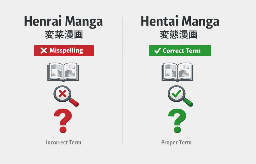 Infographic showing the difference between henrai manga misspelling and correct hentai manga term with comparison labels