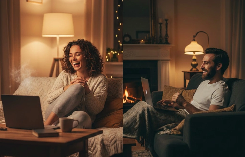 A couple having a video call on laptops to build emotional intimacy in a long distance relationship.