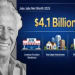 Jake Jabs net worth 2025 infographic showing $4.1 billion wealth breakdown with American Furniture Warehouse, real estate investments, and stock portfolio icons on dark blue background