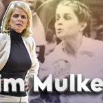 Kim Mulkey LSU head coach in blazer next to vintage photo of her playing basketball at Louisiana Tech
